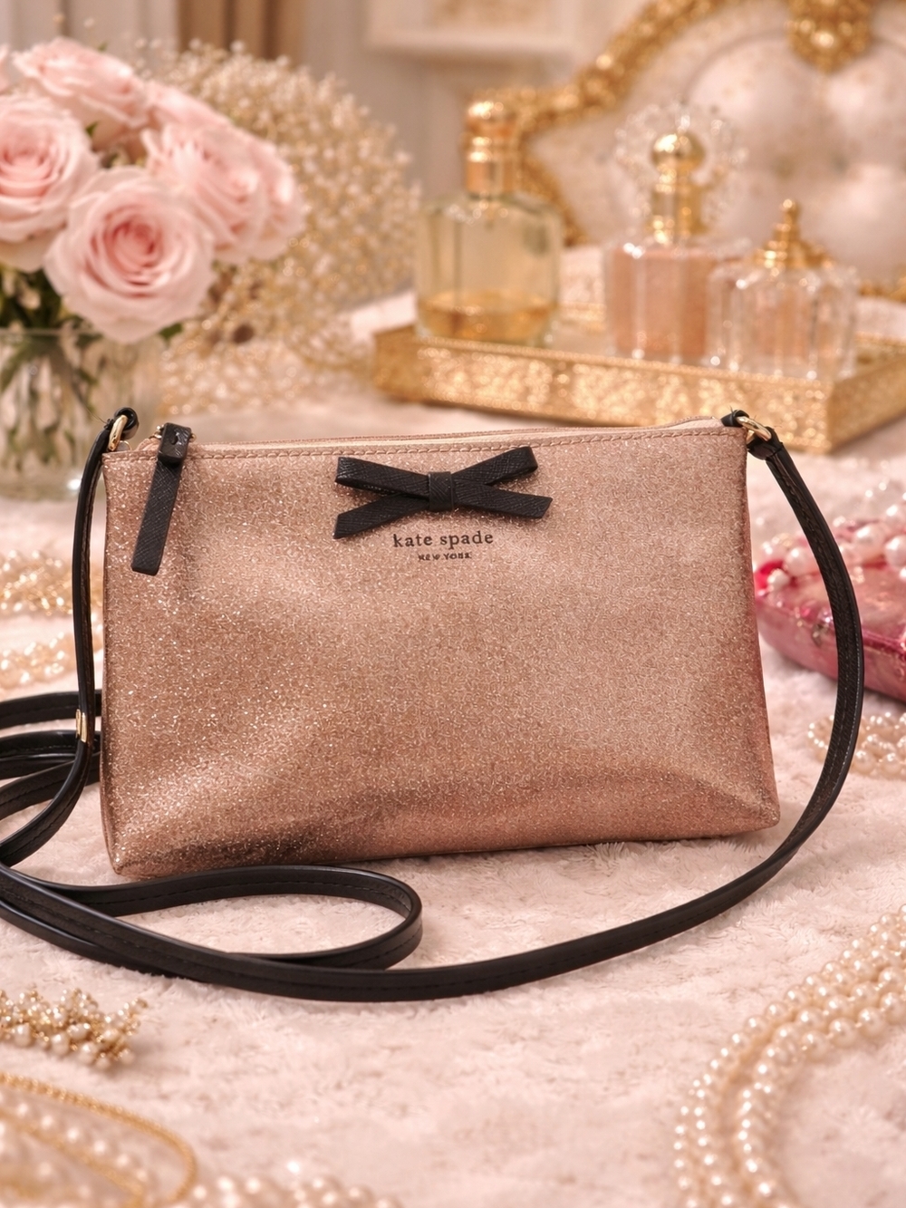 kate spade Rose Gold Glitter Crossbody with Black Bow
